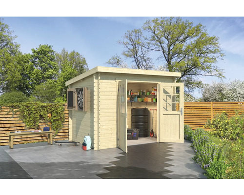 Abri de jardin Outdoor Life San Jose 295 x 213,1 cm nature Abri de jardin en bois avec portes ouvertes, pile de pneus et étagères de rangement