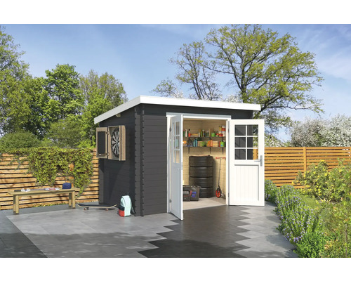 Abri de jardin Outdoor Life San Jose 295 x 213,1 cm gris carbone Jardin avec abri de jardin en bois, jeu de fléchettes et accessoires de jardin