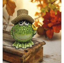 Dekofigur Frosch mit Hut und Sonnenblume auf Holzbalken