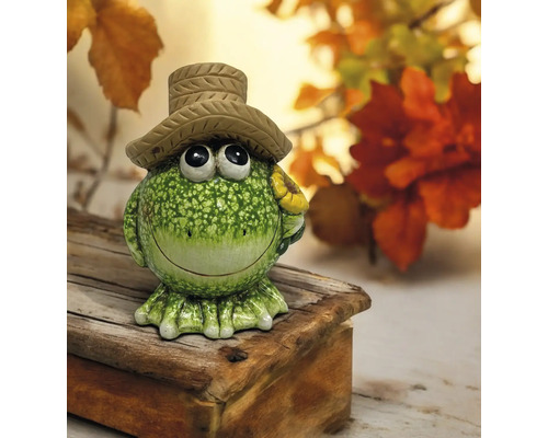 Dekofigur Frosch mit Hut und Sonnenblume auf Holzbalken