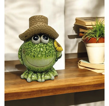 Dekorativer Frosch mit Hut und Sonnenblume als Gartendekoration