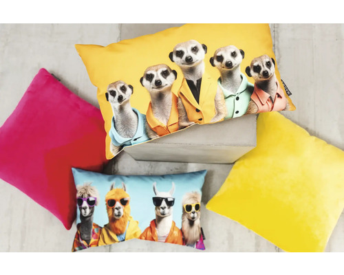 Mehrere dekorative Kissen mit Tierdrucken und verschiedenen Farben