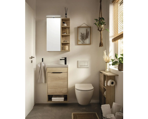 Salle de bains lumineuse avec meuble-lavabo, armoire de toilette, toilettes et étagères au design naturel