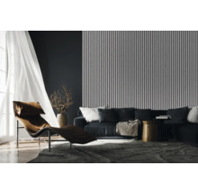 Salon avec canapé, fauteuil, tapis et panneaux muraux