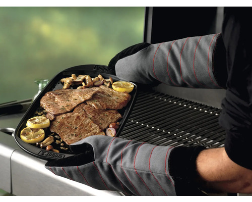 Mann mit Grillhandschuhen hält eine Grillplatte mit Fleisch, Zitrone und Pilzen über einen Grill.