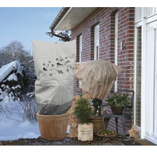 Scène hivernale avec des plantes protégées du froid par des voiles d''hivernage et des sacs de protection hivernale.