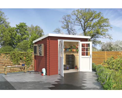 Abri de jardin Outdoor Life San Jose 295 x 213,1 cm rouge de falun Abri de jardin avec portes ouvertes, cible de fléchettes, pneus et étagères de rangement dans le jardin