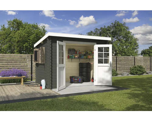 Abri de jardin Outdoor Life San Jose 295 x 213,1 cm gris vert Scène de jardin avec cabanon en bois avec portes et volets ouverts