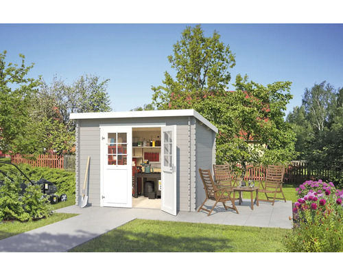 Abri de jardin Outdoor Life San Jose 295 x 268,7 cm gris clair Jardin avec abri de jardin, tondeuse à gazon et salon de jardin