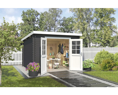 Abri de jardin Outdoor Life San Jose 295 x 313,9 cm gris carbone Abri de jardin avec portes doubles ouvertes, aménagé avec table et chaises, entouré d''un jardin
