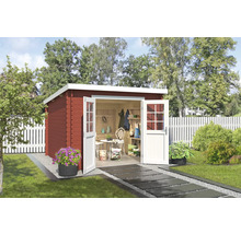 Abri de jardin avec portes doubles ouvertes, meubles de jardin et outils de jardin à l''intérieur.