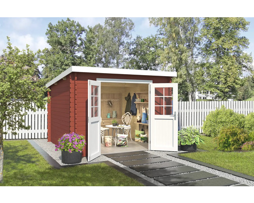 Abri de jardin Outdoor Life San Jose 295 x 313,9 cm rouge de falun Abri de jardin avec portes doubles ouvertes, meubles de jardin et outils de jardin à l''intérieur.