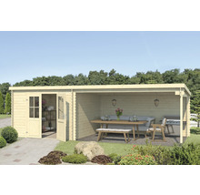 Abri de jardin avec coin salon couvert, table en bois, banc et barbecue