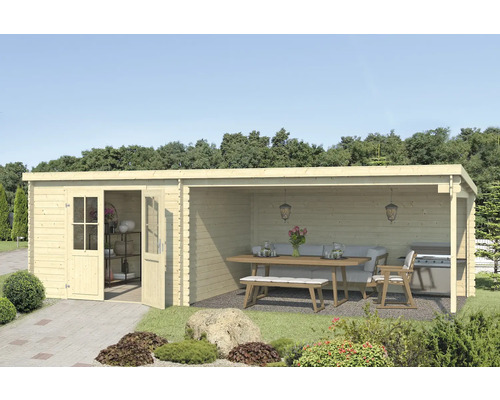 Abri de jardin Outdoor Life St. Louis avec avancée de toit avec paroi arrière 701 x 319 cm nature Abri de jardin avec coin salon couvert, table en bois, banc et barbecue