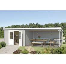 Abri de jardin en bois avec terrasse couverte, table de jardin, banc et barbecue