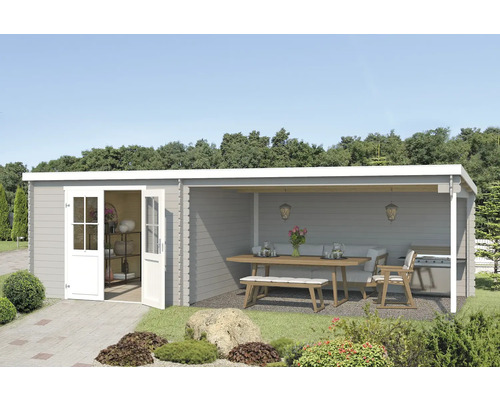 Abri de jardin Outdoor Life St. Louis avec avancée de toit avec paroi arrière 701 x 319 cm gris clair Abri de jardin en bois avec terrasse couverte, table de jardin, banc et barbecue