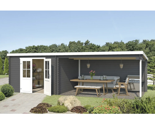 Abri de jardin Outdoor Life St. Louis avec avancée de toit avec paroi arrière 701 x 319 cm gris carbone Maison de jardin en bois avec terrasse couverte, mobilier de salon et barbecue dans le jardin