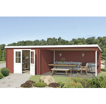 Abri de jardin en bois avec véranda ouverte, barbecue de jardin et mobilier de jardin sur pelouse