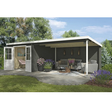 Abri de jardin moderne avec terrasse couverte et portes ouvertes