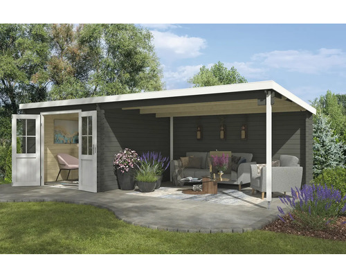 Abri de jardin Outdoor Life St. Louis avec avancée de toit avec paroi arrière 701 x 319 cm vert gris Abri de jardin moderne avec terrasse couverte et portes ouvertes