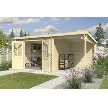 Abri de jardin en bois avec double porte, vélo, étagère et pile de bois dans le jardin