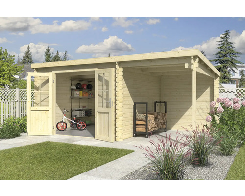 Abri de jardin Outdoor Life Tampa avec avancée de toit avec paroi arrière 501 x 319 cm nature Abri de jardin en bois avec double porte, vélo, étagère et pile de bois dans le jardin