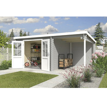 Abri de jardin avec portes ouvertes, vélo et étagère à l''intérieur, stockage de bois sous l''avant-toit