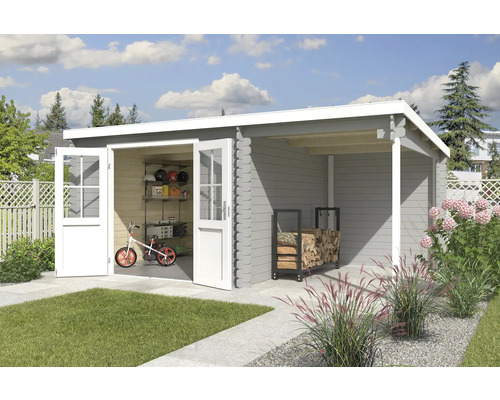 Abri de jardin Outdoor Life Tampa avec avancée de toit avec paroi arrière 501 x 319 cm gris clair Abri de jardin avec portes ouvertes, vélo et étagère à l''intérieur, stockage de bois sous l''avant-toit