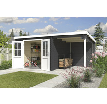 Abri de jardin avec double porte et espace couvert pour stocker le bois de chauffage dans le jardin