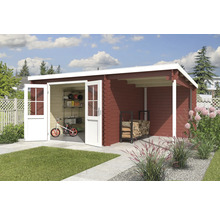 Abri de jardin spacieux en bois avec portes doubles ouvertes et abri latéral pour le bois de chauffage