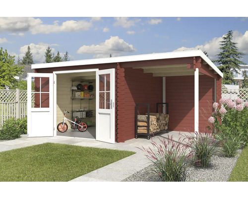 Abri de jardin Outdoor Life Tampa avec avancée de toit avec paroi arrière 501 x 319 cm rouge de falun Abri de jardin spacieux en bois avec portes doubles ouvertes et abri latéral pour le bois de chauffage