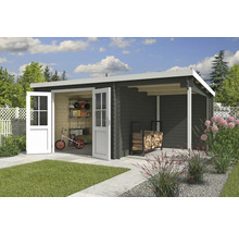 Abri de jardin avec portes doubles ouvertes, stockage du bois et plantes