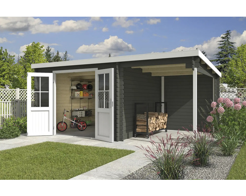 Abri de jardin Outdoor Life Tampa avec avancée de toit avec paroi arrière 501 x 319 cm vert gris Abri de jardin avec portes doubles ouvertes, stockage du bois et plantes