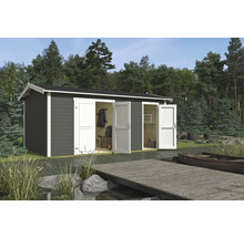 Abri de jardin avec double porte et toit en pente sur ponton en bois au bord du lac