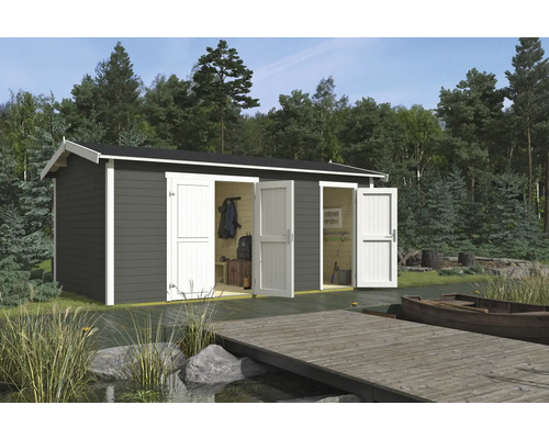 Abri de jardin avec double porte et toit en pente sur ponton en bois au bord du lac