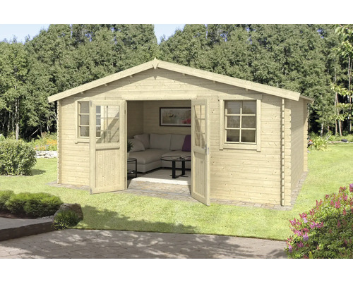 Abri de jardin Outdoor Life Udo 522,4 x 320 cm nature Abri de jardin en bois avec porte double et fenêtres, aménagé avec canapé et table