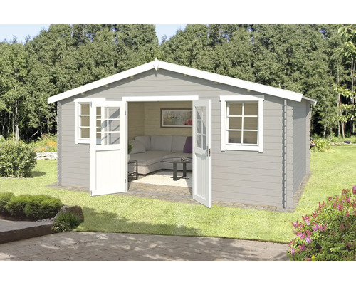 Abri de jardin Outdoor Life Udo 522,4 x 400 cm gris clair Abri de jardin avec portes doubles ouvertes, fenêtres et intérieur lumineux dans le jardin