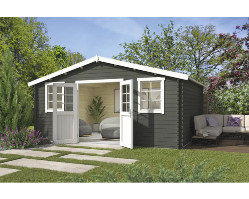 Abri de jardin Outdoor Life Udo 522,4 x 400 cm vert gris Abri de jardin avec double porte et fenêtre dans un jardin verdoyant