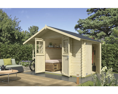 Abri de jardin en bois avec portes ouvertes et outils à l''intérieur