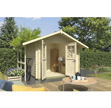 Abri de jardin avec portes ouvertes sur une terrasse avec mobilier de jardin et un vélo