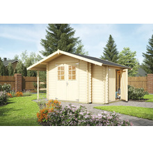 Jardin avec abri de jardin en bois, double porte et toit à deux pentes