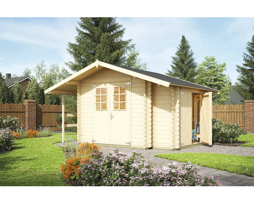 Abri de jardin Outdoor Life Vilano 2 avec plancher, local à outils 385 x 291 cm nature Jardin avec abri de jardin en bois, double porte et toit à deux pentes