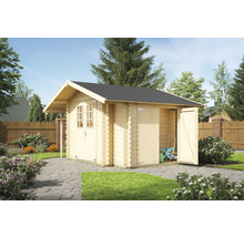 Abri de jardin en bois avec porte ouverte et outils de jardin à l''intérieur