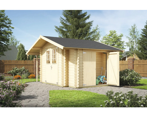 Abri de jardin en bois avec porte ouverte et outils de jardin à l''intérieur