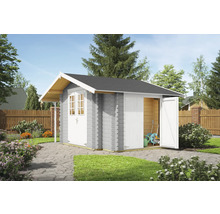 Abri de jardin gris avec double porte et toit à deux pans dans le jardin