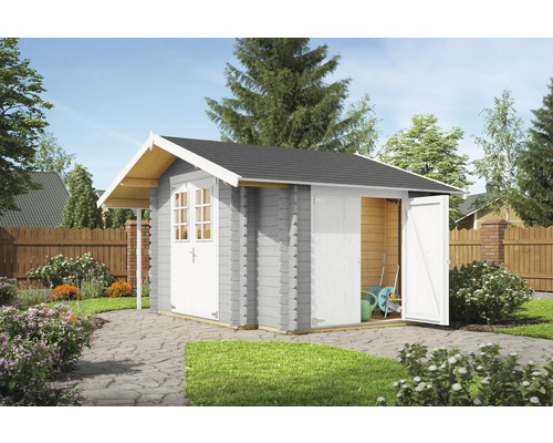 Abri de jardin Outdoor Life Vilano 2 avec plancher, local à outils 385 x 291 cm gris clair Abri de jardin gris avec double porte et toit à deux pans dans le jardin