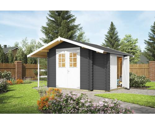 Abri de jardin avec porte double et auvent dans le jardin