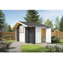 Abri de jardin avec double porte et porte ouverte pour le rangement des outils de jardin