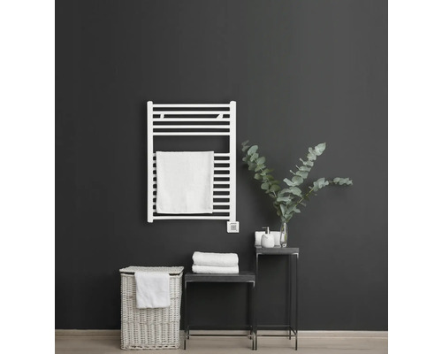 Salle de bains avec radiateur, serviettes, panier à linge et décoration