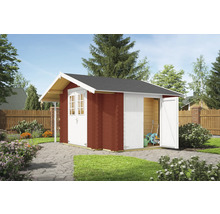 Abri de jardin en bois avec porte ouverte dans le jardin